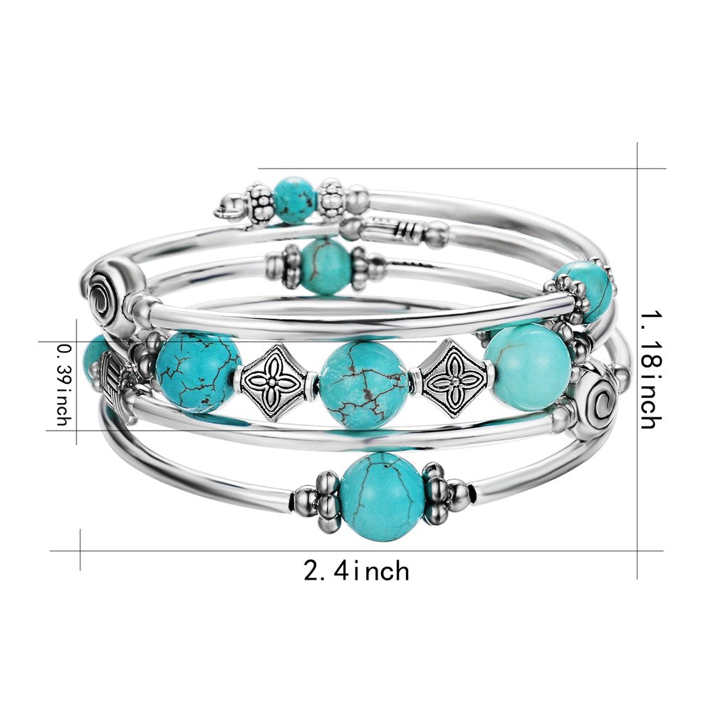 Beaded Pearl Bangle Wrap Bracelet - Fashion Bohemian Jewelry Multilayer Charm Bracelet with Thick Silver Metal Beads, Gift For Women(Turquoise)