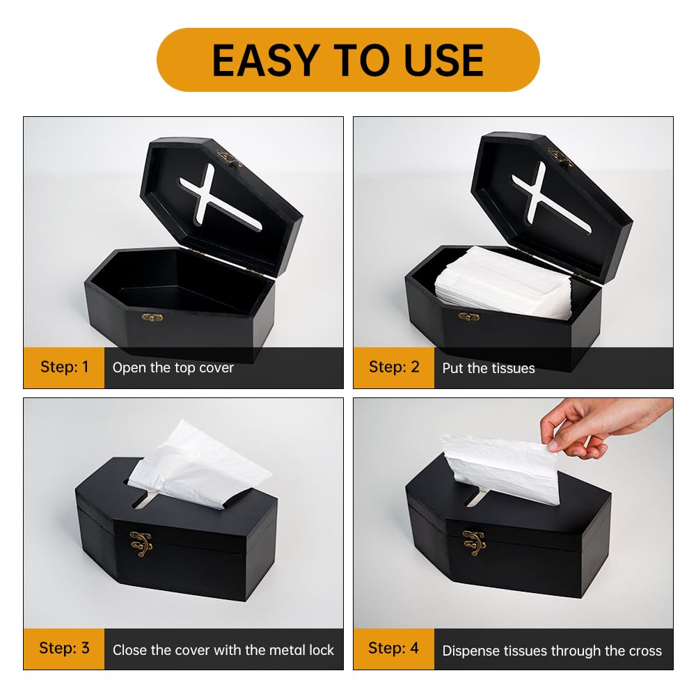 Gothvanity Gothic Coffin Tissue Box Holder - Cross Design Spooky Dark Aesthetic Dispenser, Wooden Black Home Decor, Fits Square & Rectangle Tissues