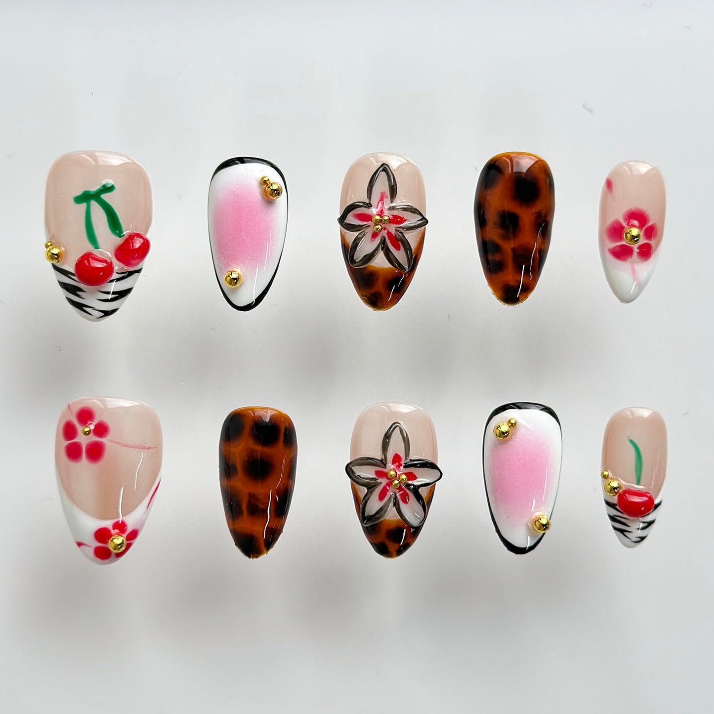 Luxury Press on Nails Short Almond Handmade 3D Unique Reusable ABS Material Fake Nails French Tip False Nails with Designs Flower Leopard Print Fall Glossy Glue on Nail Thick Acrylic Nail(M)