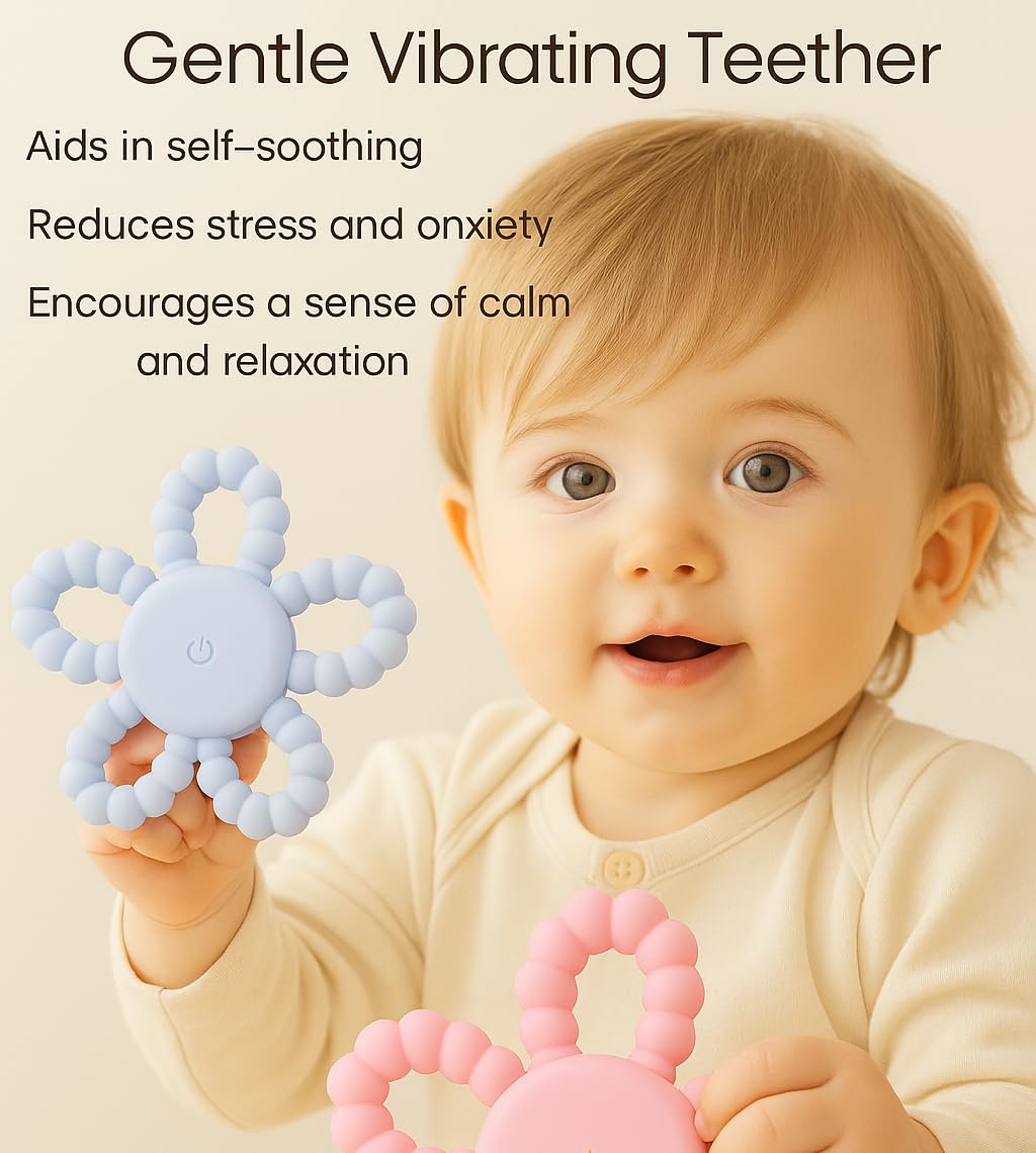 Vibrating Teether for Babies, Soft Silicone Baby Teething Toy with 3 Vibration Levels, USB C Rechargeable BPA Free Teether for Infant & Toddler, Sensory Chew Toy (Blue)