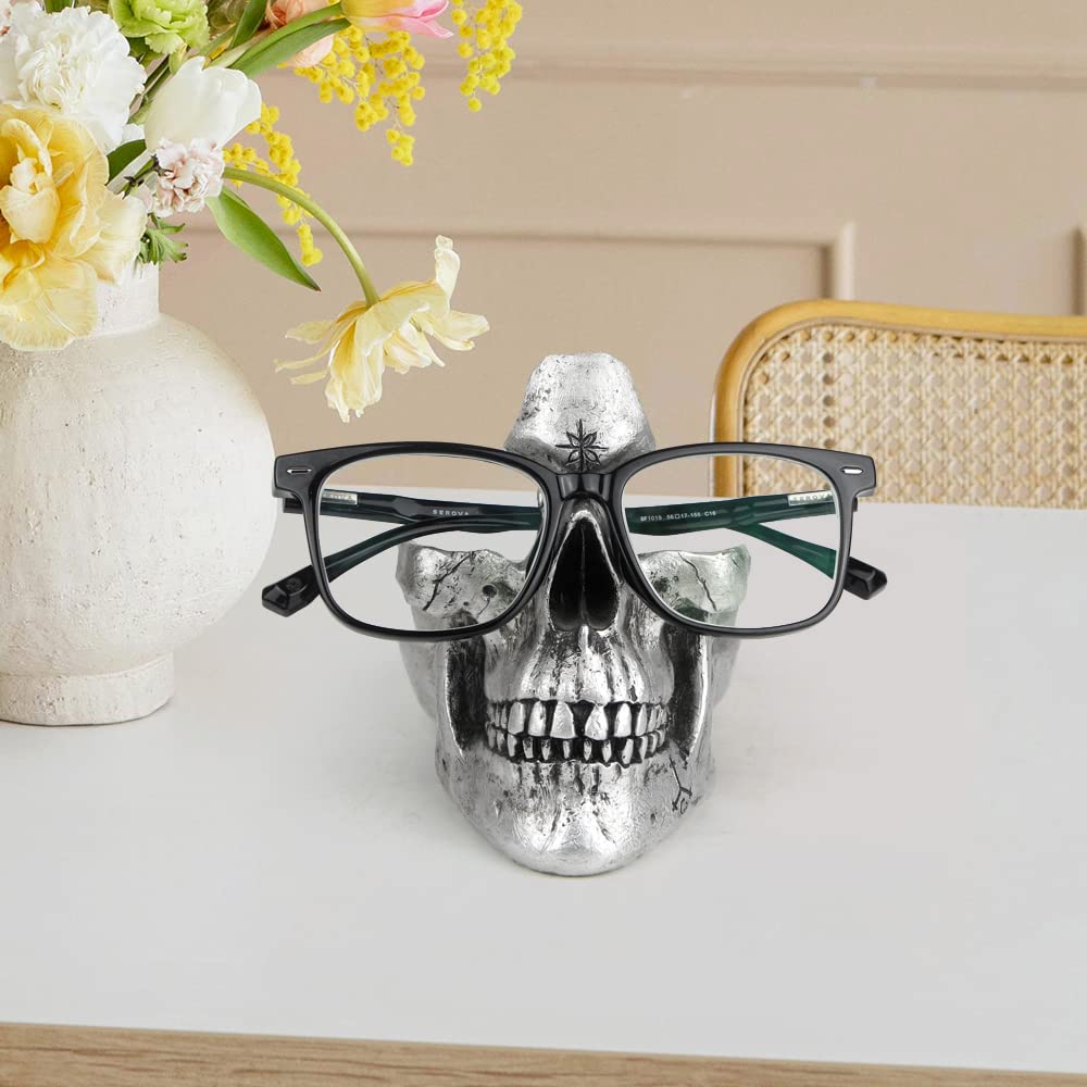 Mrlikale Skull Glasses Stand, Creative Eyeglasses Display Rack, Sunglasses Spectacle Holder, Key Holder Resin Sculptures for Entryway, Home, Office, Desk, Nightstand (Silver)