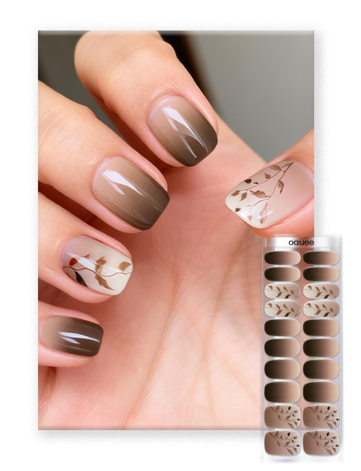Oauee Semi Cured Gel Nail Strips | Built-In Gel Top Coat | UV Light Required | Salon Quality, Easy Application And Removal (Mocha Leaf Elegy）