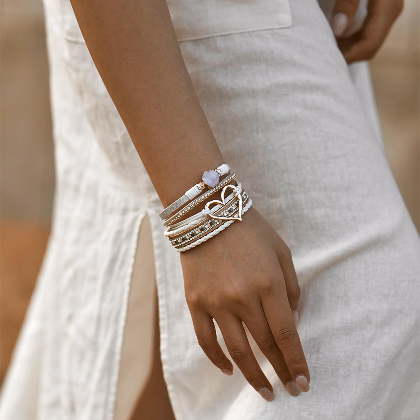 Leopard Bracelet for Women, Boho Leather Wrap Multi-Layer Pearl Crystal Bracelet Bangle Jewelry (Heart Leather(White))