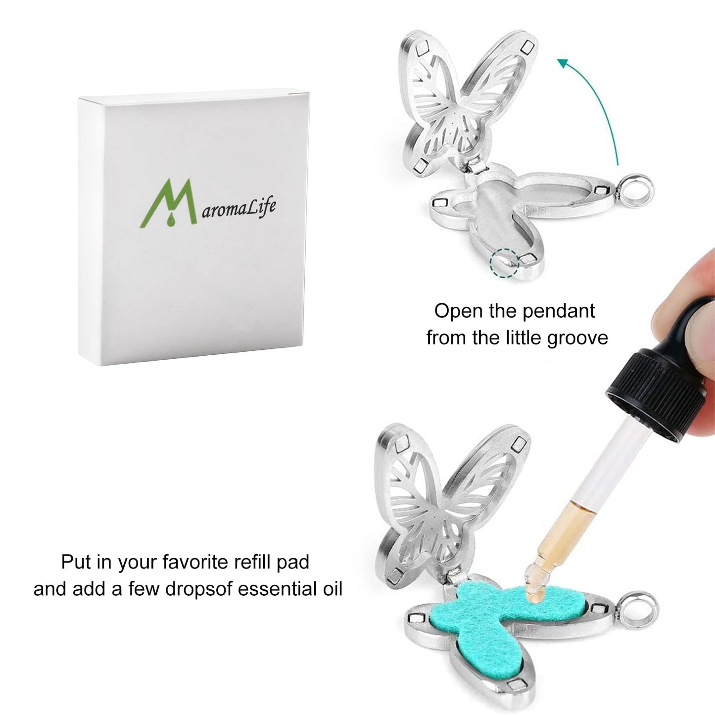 Maromalife Essential Oil Diffuser Necklace Butterfly Zircon Stainless Steel Aromatherapy Pendant Locket with Adjustable Chain and 10 PCS Felt Pads Mothers Day Christmas Birthday Gift for Women
