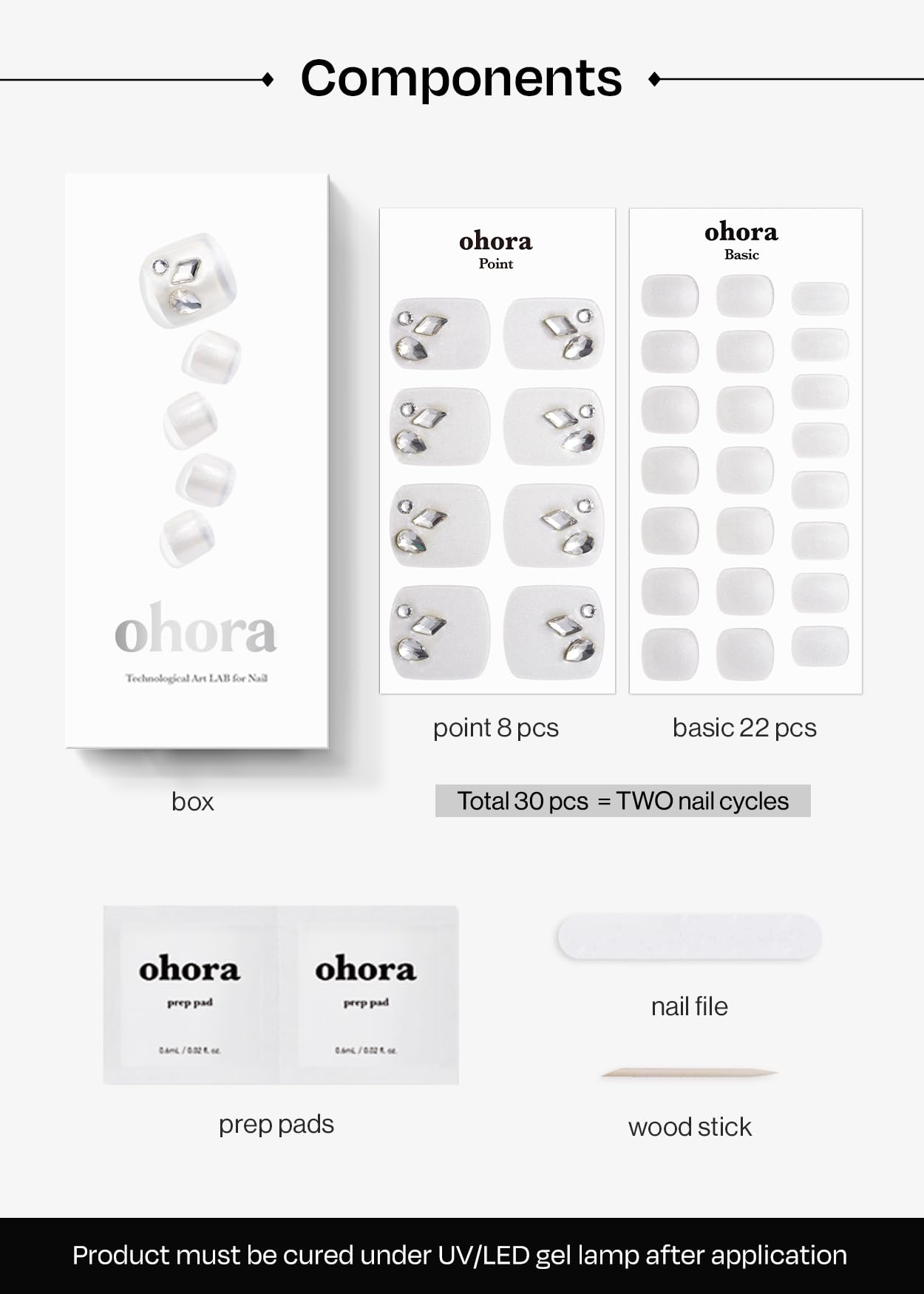 ohora Semi Cured Gel Pedi Strips (P Silky) - Works with Any Nail Lamps, Salon-Quality, Long Lasting, Easy to Apply & Remove - Includes 2 Prep Pads, Nail File & Wooden Stick