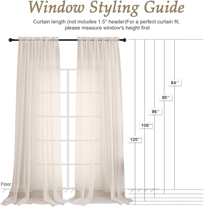 OVZME Cream Bedroom Curtains 2 Panel Sets 96 Inch Length, 59 Inch Extra Wide Light Filtering Voile Drapes Light Airy Window Drapes for Patio Door Living Room Bedroom Dining, 59Wx96L Inches