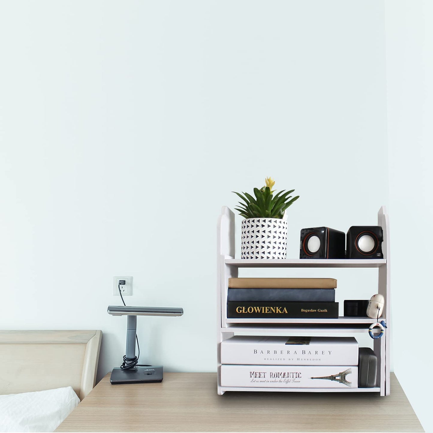 YGYQZ Adjustable PVC Desktop Organizer Storage Rack - White Desk Shelf for Office, Women, Dormitory & Home Decor