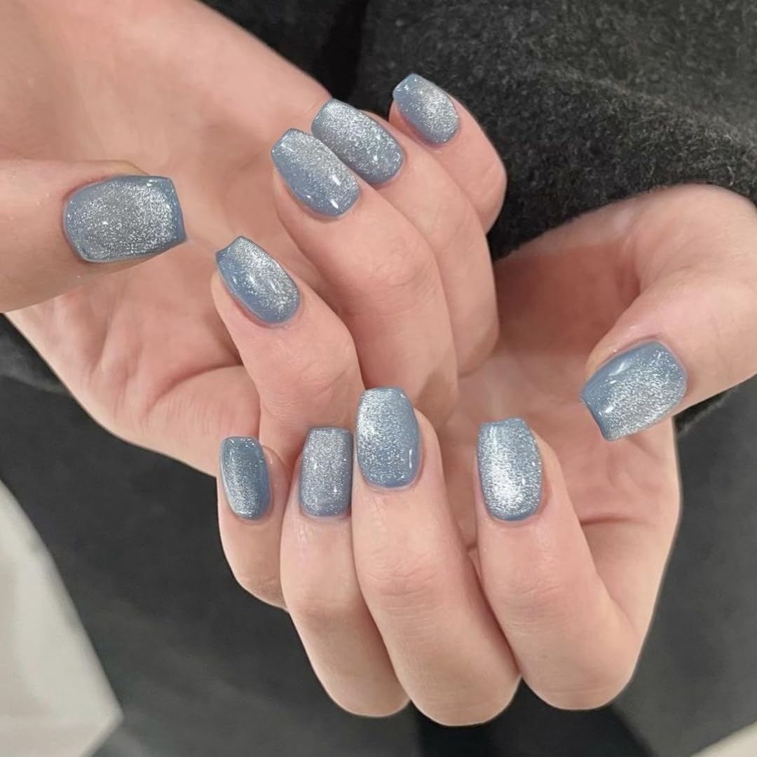 KQueenest Cat Eye Press on Nails Short, 30 Pcs Acrylic Press on Nails Square, Sparkly Glitter Light Blue Fake Nails Press on Short, Reusable Chrome Soft Gel Glue on Nails for Women Gift