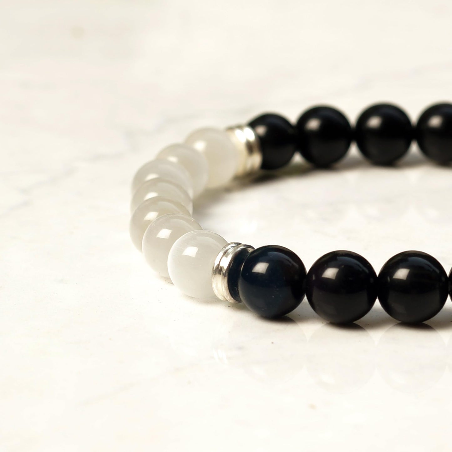 Black Obsidian & White Selenite Agate Bracelet – Chakra Healing Energy Balancing Crystal Bracelet for Protection & Mindfulness Gift