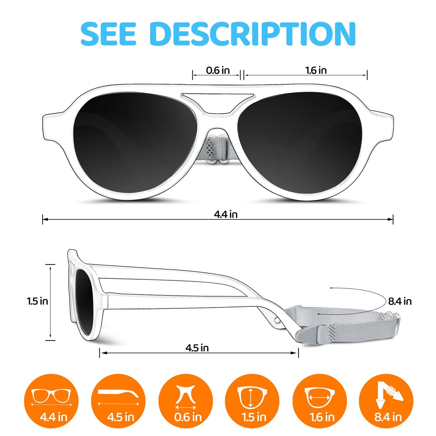 RIVBOS Baby Aviator Wrap Polarized UV400 Sunglasses - Soft Frame with Secure Strap for Toddler,Infant and Newborn (0-18 Months) Black&Grey Lens RBK068