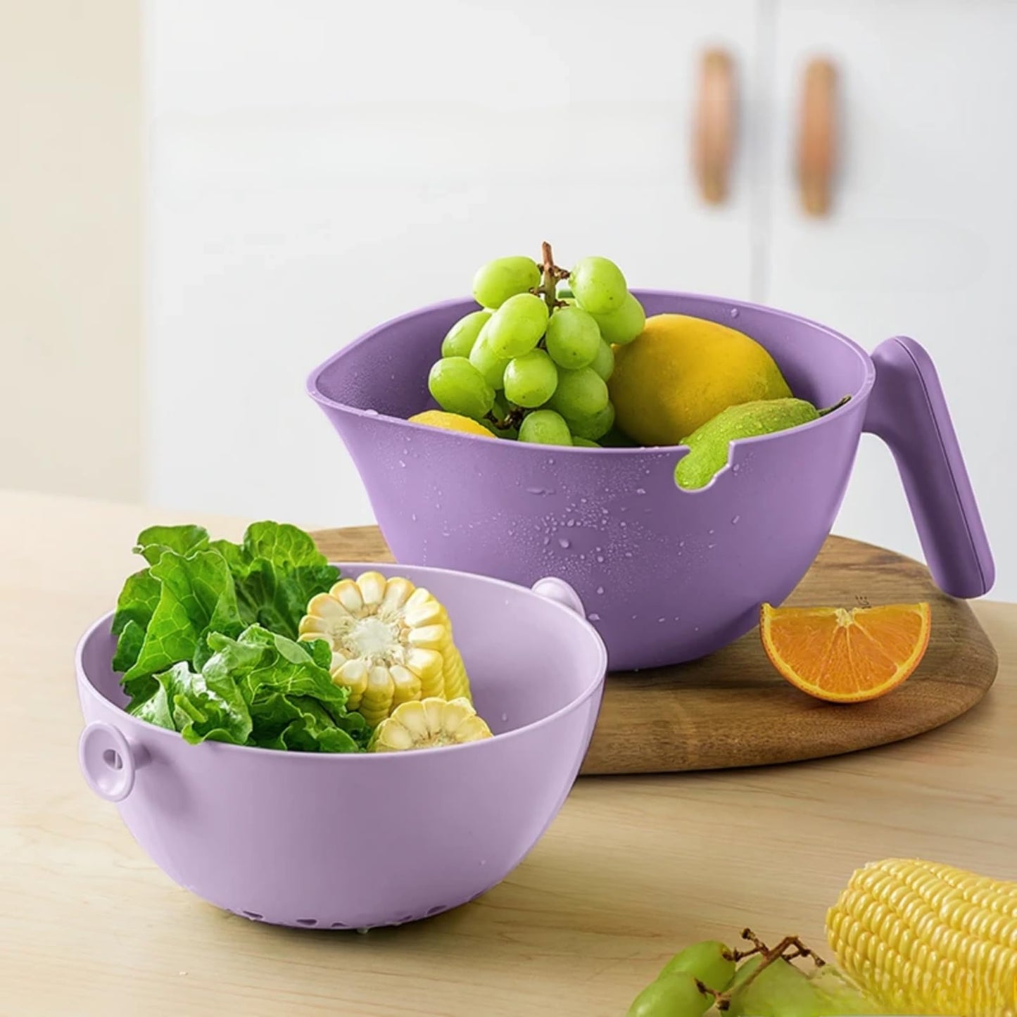 Elite Aiwei 2-1 Kitchen Colander Rotating Washing Basket with Handle -home & kitchen Food Strainers and Colanders-Pasta Strainer-fruit and vegetable washing bowl-kitchen must haves (Lilac Purple)