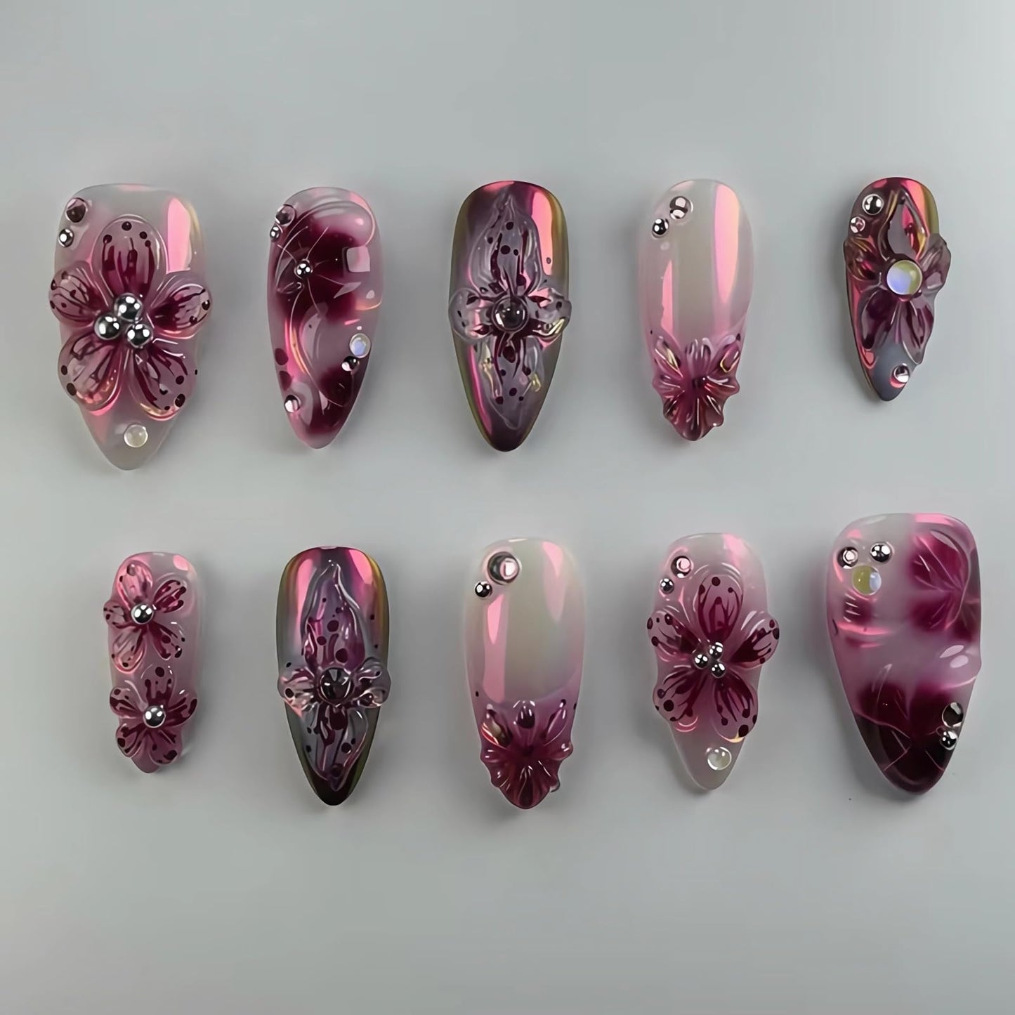 MISUD Press on Nails - Medium Almond Fake Nails with Purple Acrylic Handmade 3D Flower Design 24 pcs