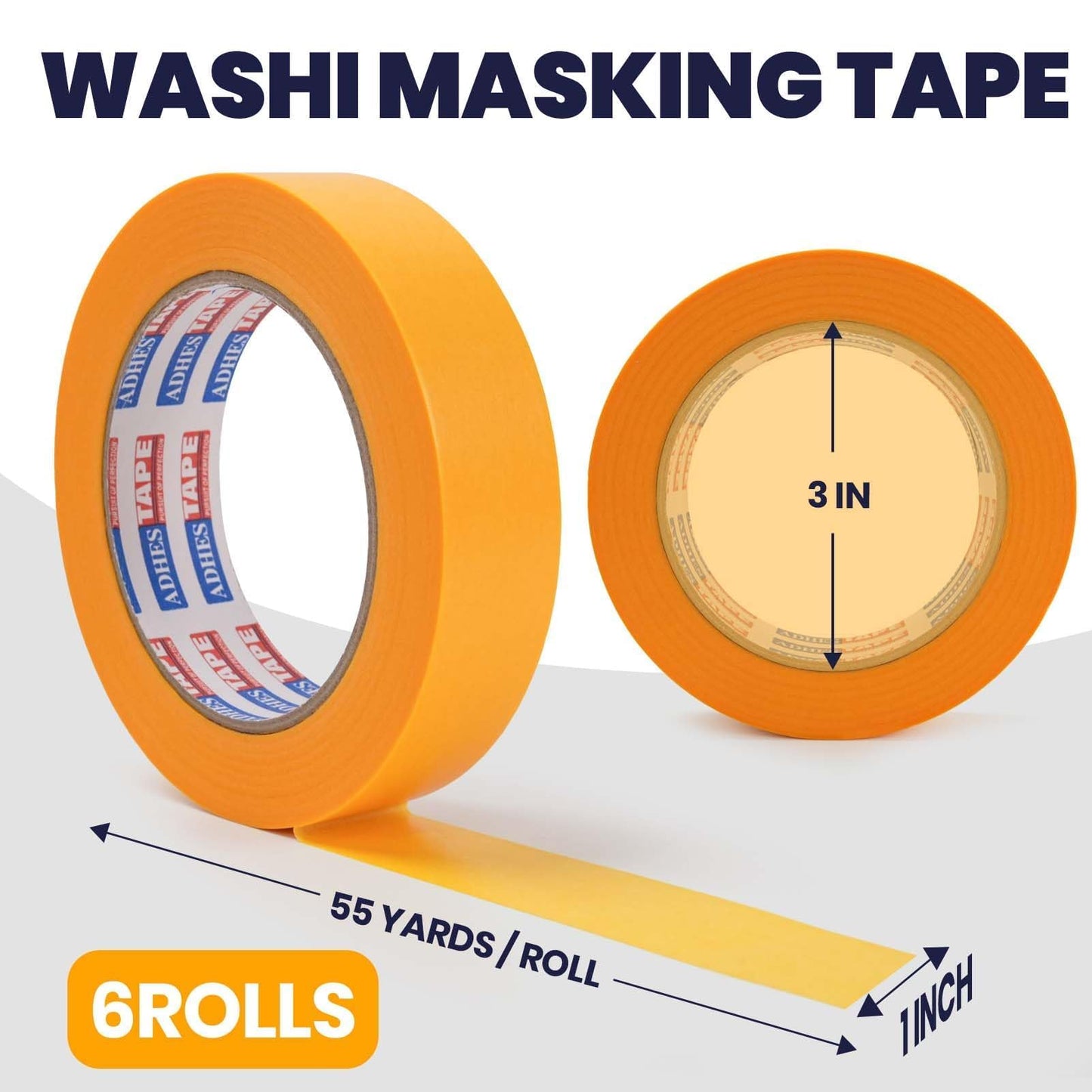 ADHES Orange Washi Tape, 1 in x 60 Yards x 6 Rolls, Decorative Masking Tape for Crafts, Journaling, DIY & Labeling, Easy Tear, Removable, No Residue
