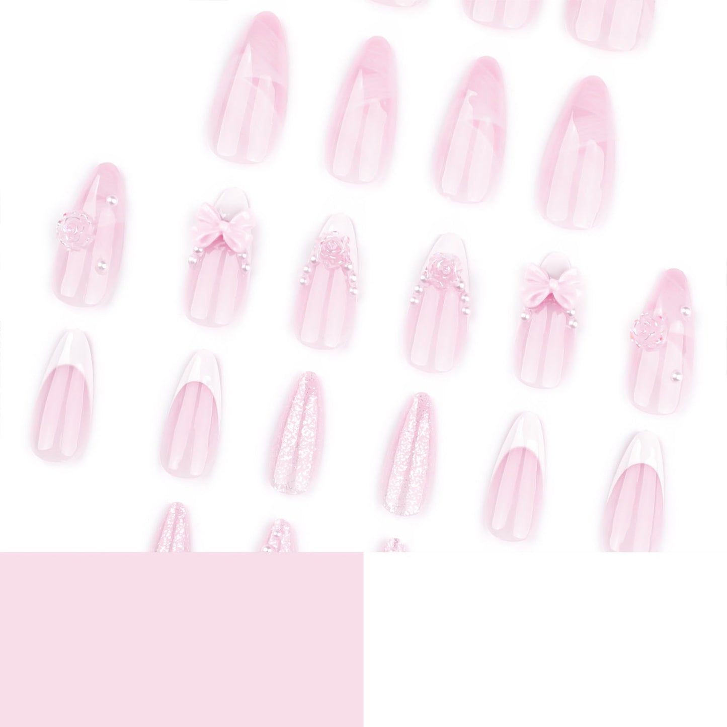 CTTHNBD Press on Almond Nails - Medium Fake Nails with Bow Flower Charms Design - White French Tip False Nails for Women 24 Pcs