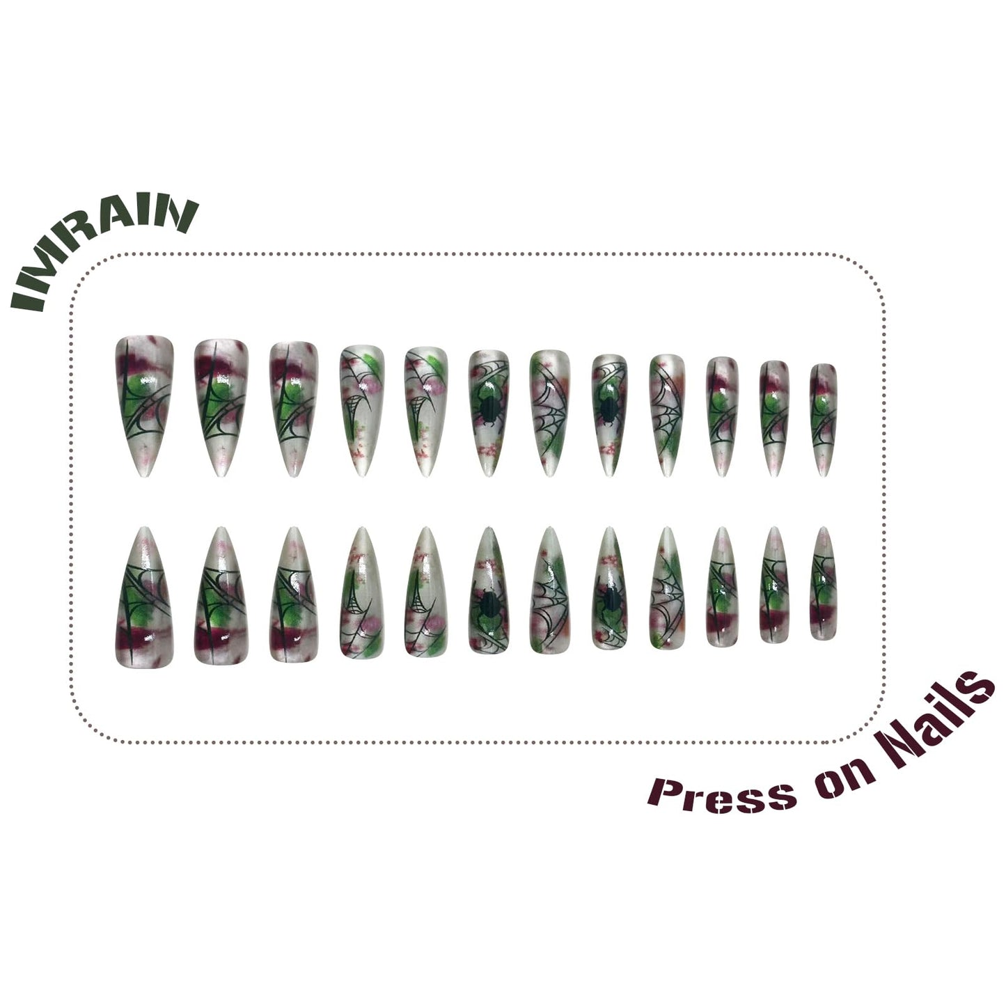 IMRAIN Press on Nails Long Stiletto Fake Nails with Spider Web Designs, Cat's Eye Glossy Glue on, Artificial, Acrylic, Full Cover False Nails for Women Manicure 24Pcs