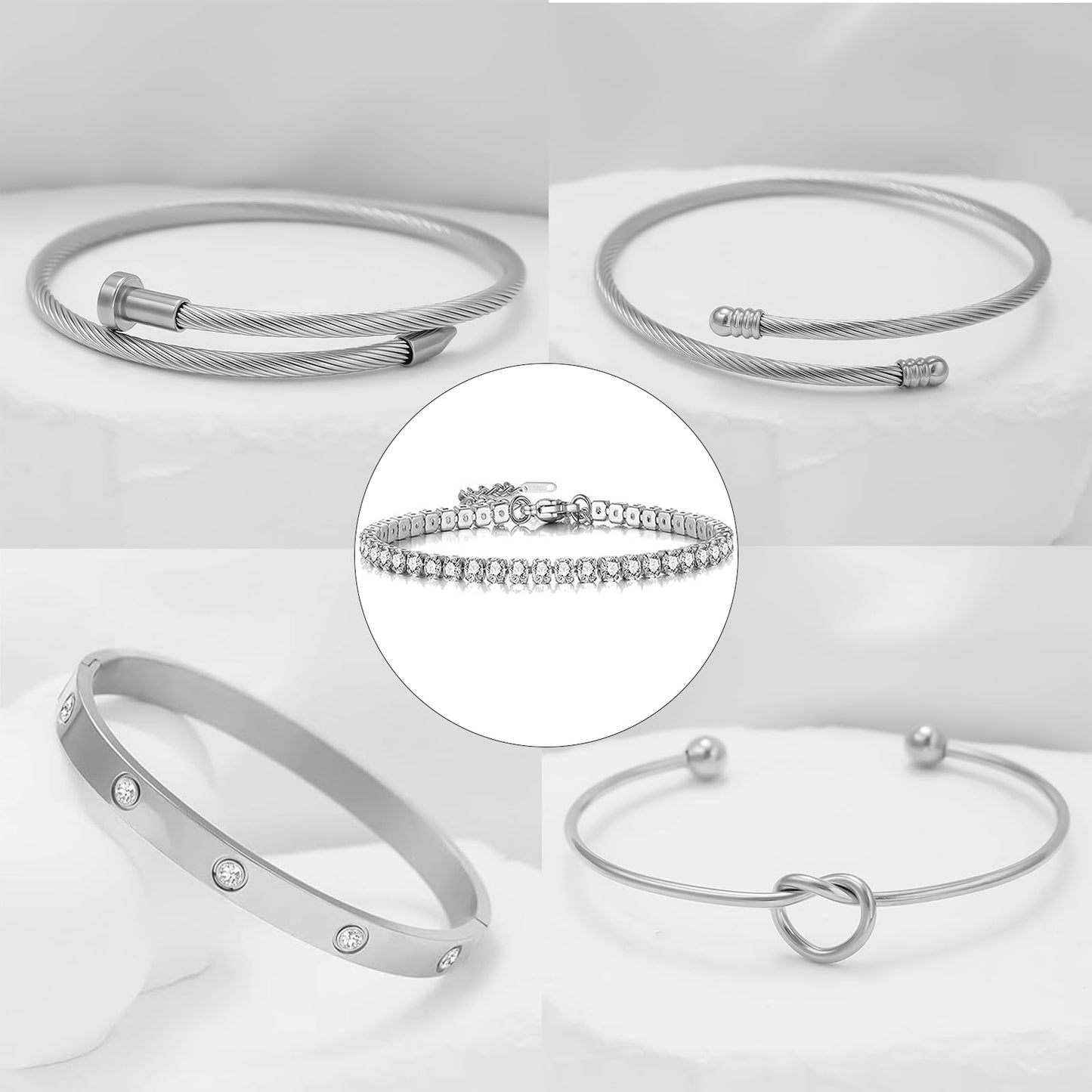 FAFUGA 18 K Silver Plated Love Bangle Bracelet Stack Cuff Jewelry for Women Jewelry Set for Women Gift with Box (B00051)