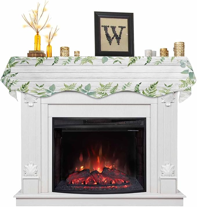 Eucalyptus Leaves Fireplace Mantel Scarf Table Runner, Summer Pastoral Botanical Gray Wooden Winter Garland Mantel Top Tablerunners Dresser Scarves Decorations for Windows Party Living Room 60''x17''