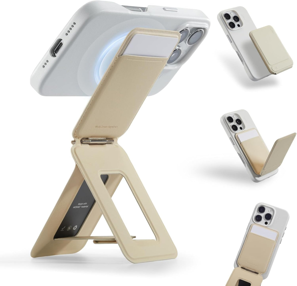 MOFT Phone Tripod Wallet, 3 in 1 Phone Stand MagSafe Wallet, NFC-Supported Magnetic Phone Stand, MOVAS Vegan Leather Adjustable Card Holder, Earthen Beige