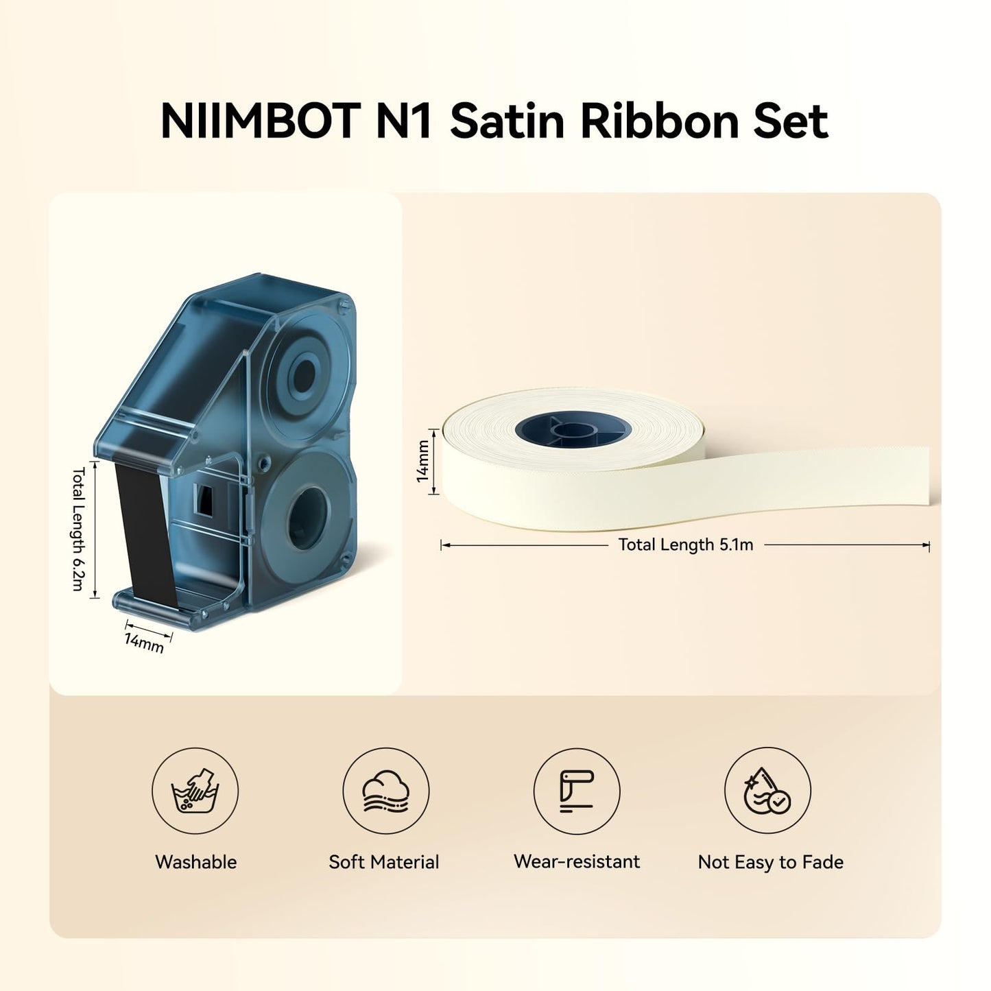 NIIMBOT N1 Satin Ribbon Label, 14mmx5.1m Pink Satin Ribbon, N1 Label Printer Ribbon for Gift, Wedding, Party Decor, Craft Work (Beige)