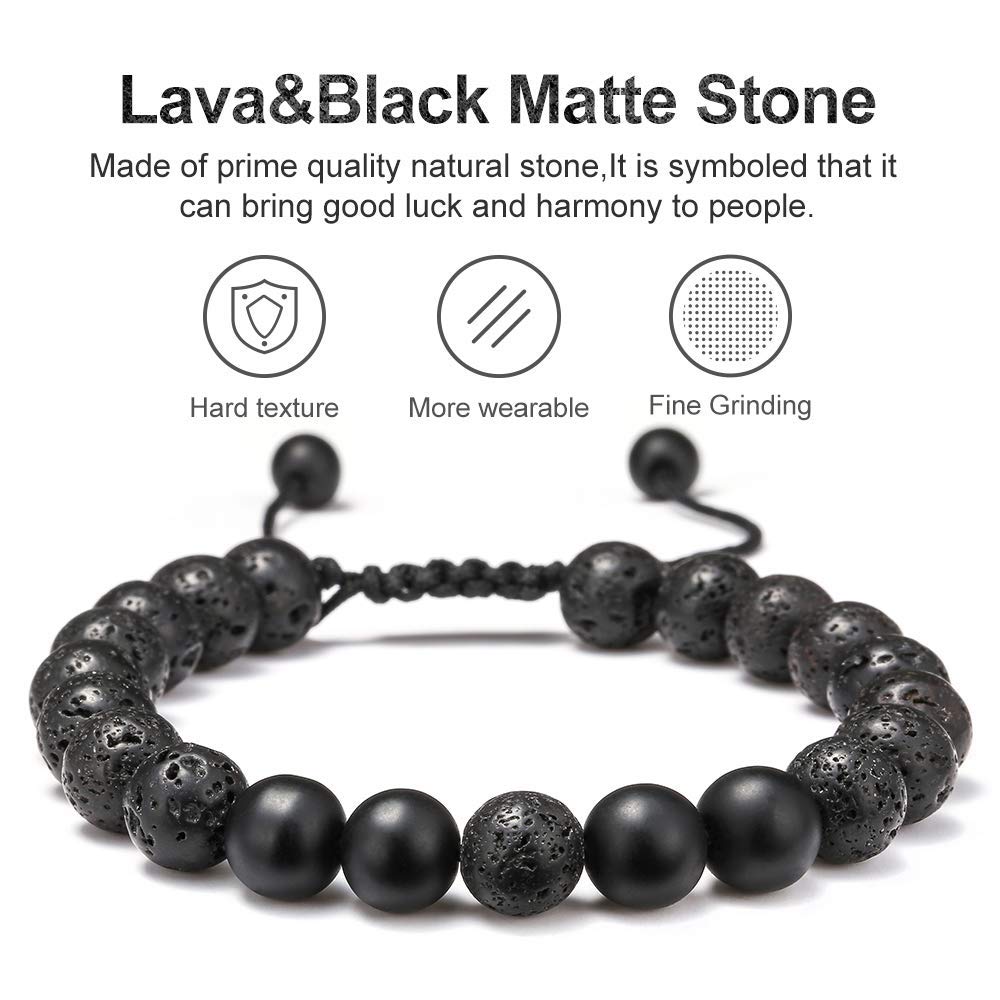 M MOOHAM Lava Rock Bracelets for Men - Tiger Eye Adjustable Beaded Black Matte Agate Bracelet Mens Gifts for Him