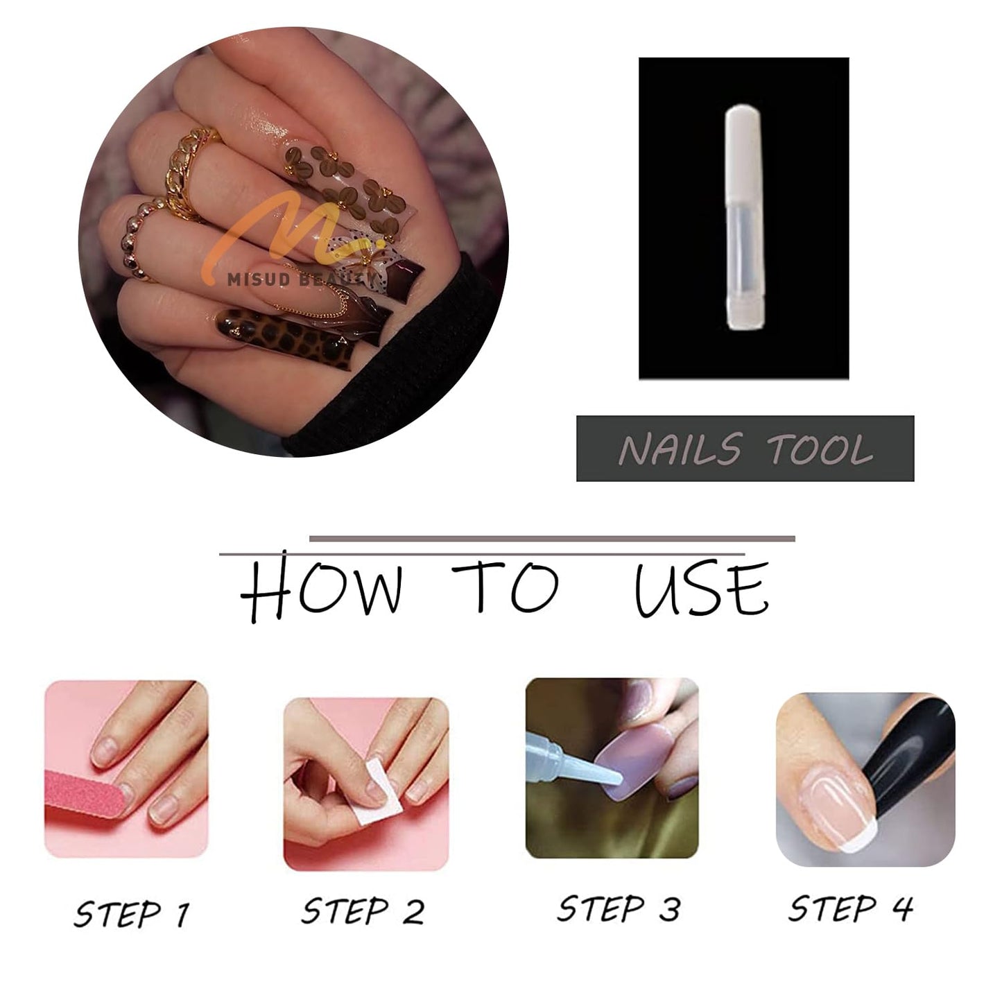 MISUD Press on Nails - Long Square Fake Nails with Fall Brown, Acrylic Flower Tortoise Shell Design 24 pcs