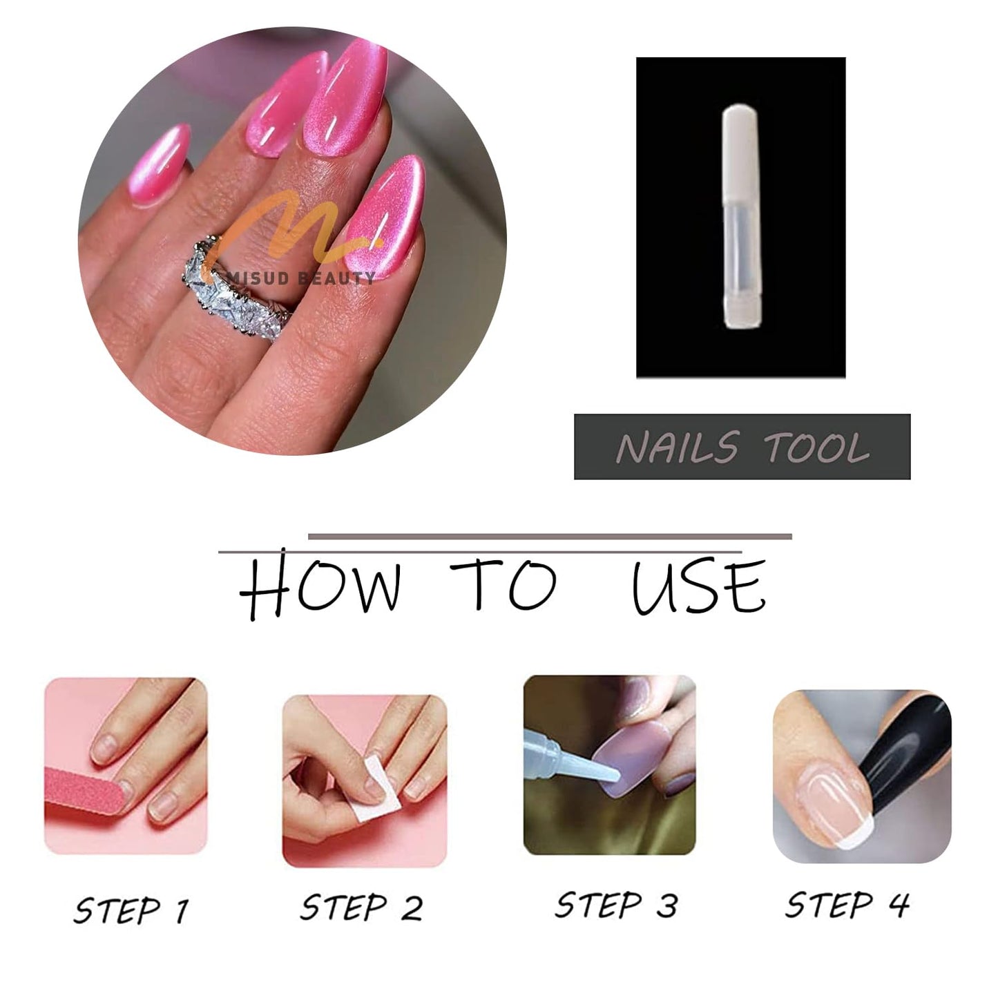 MISUD Press on Nails - Medium Almond Fake Nails, Acrylic Pink Cat Eye Design 24 pcs