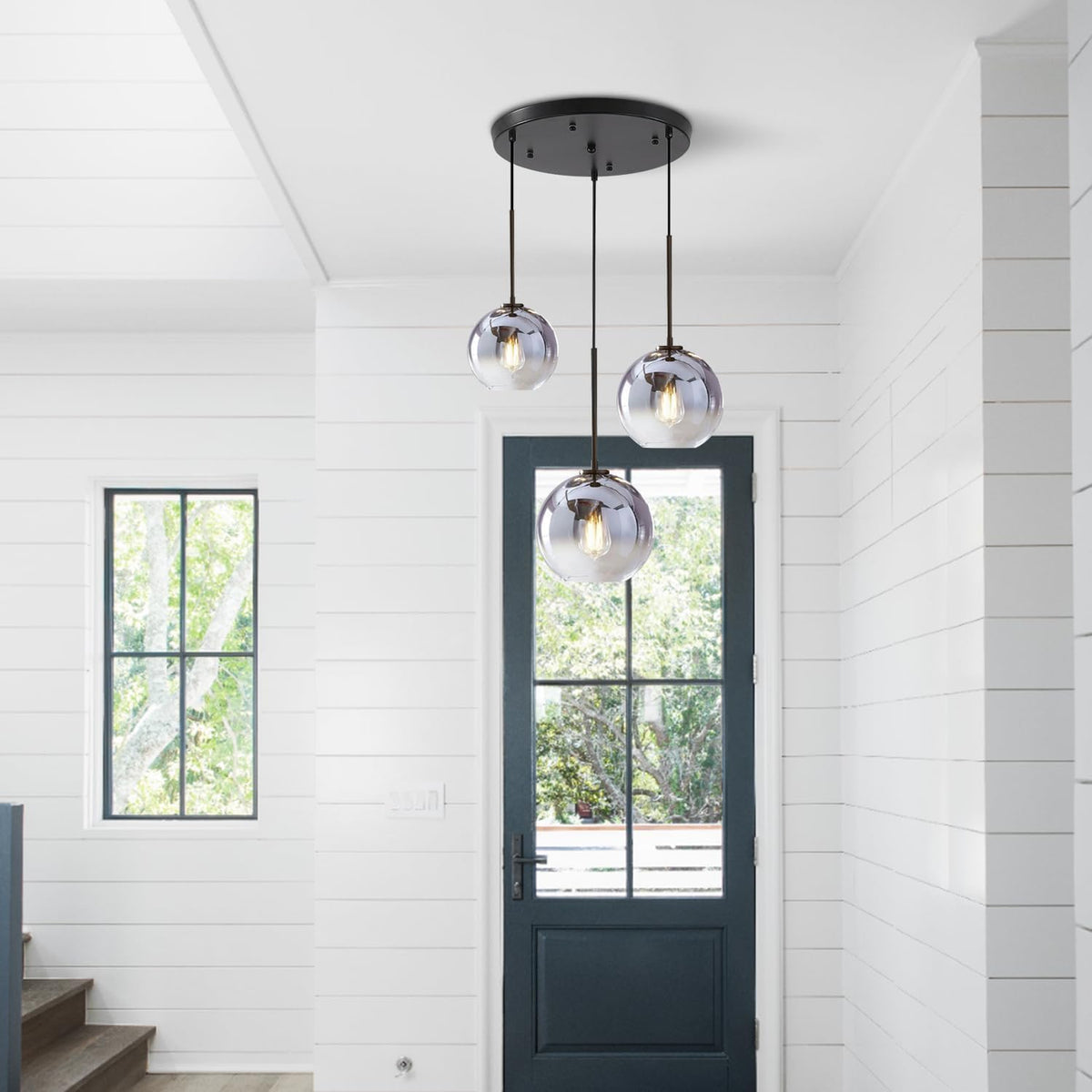 KCO Lighting Modern 3-Light Hanging Light Fixture Silver Gradient Glass Globe Pendant Ceiling Lighting with Adjustable Cord Mid Century Hanging Chandelier Light Fixture for Kitchen Island Bedroom…