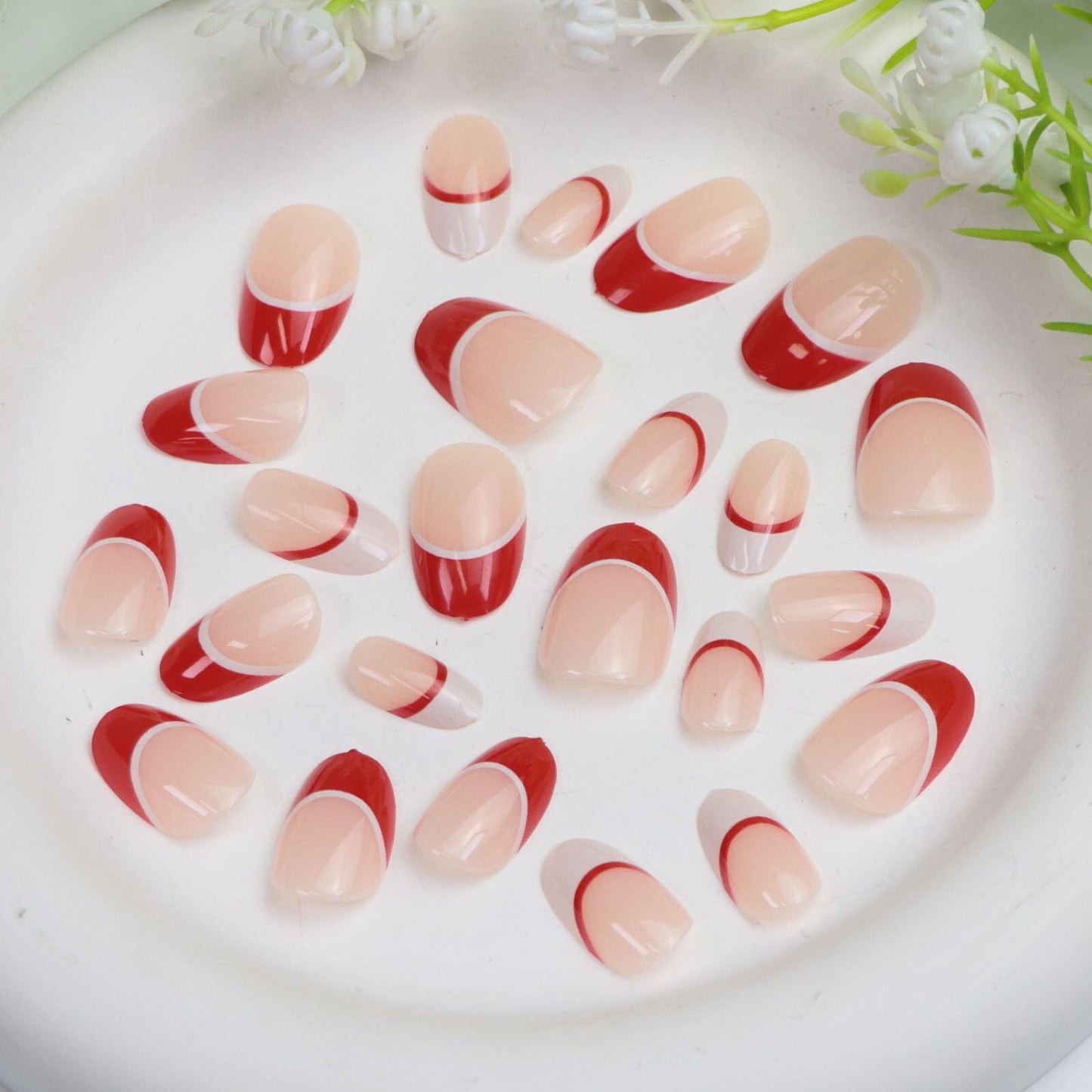 Press on Nails Short Oval Fake Nails with Red White French Designs Round Nude Nails Press ons Winter Acrylic Nails for Women 24 Pcs