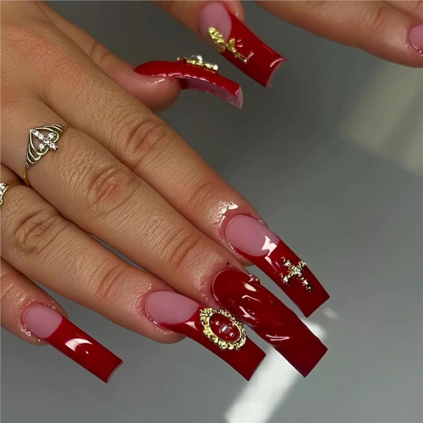 IMSOHOT Extra Long Press on Nails Curved Long Fake Nails Wine Red French Nail Tips, Golden Charms, Glossy, Acrylic False Nails Full Cover Handmade DIY Glue on Nails