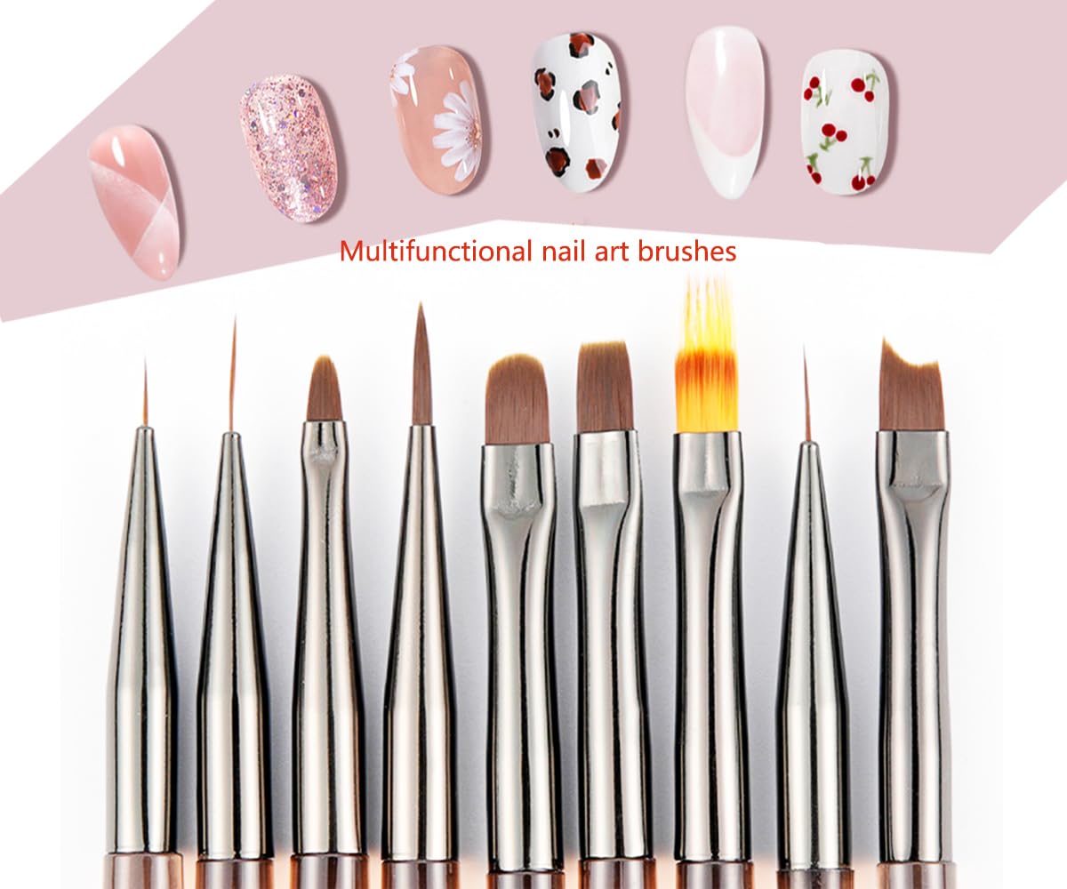 MIKOWEN 9PCS Nail Art Brushes Nail Art Tool Set Striping for Long Lines Nail Drawing Pen For Nail Design Brushes for Gel Polish Clean Up Brushes 3D Nail Art Decorations for DIY Manicure, Brown