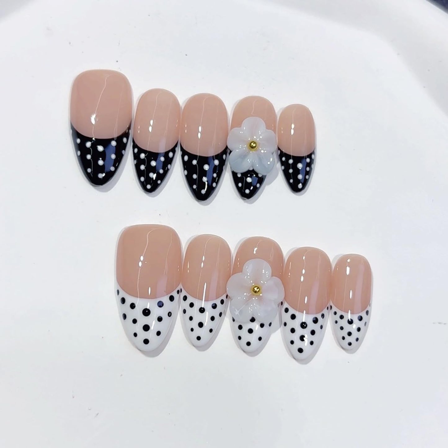 Handmade Press on Nails Black and White Polka Dots Medium Almond Fake Nails French Tips, Multi-Layer Gel Acrylic Nails for Women Nail Art Sheer Floral Glow 10 Pcs(S)