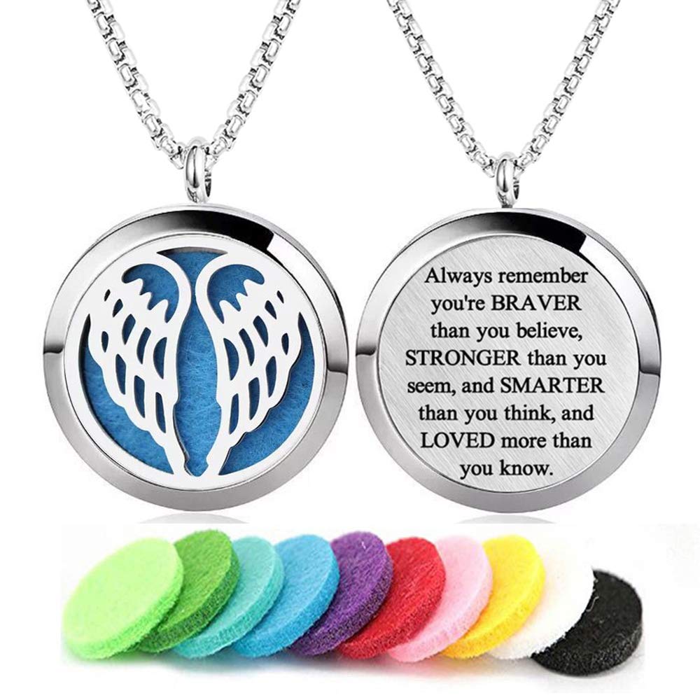 Aromatherapy Essential Oil Diffuser Necklace Stainless Steel lnspirational Locket Pendant(Angel Wings)