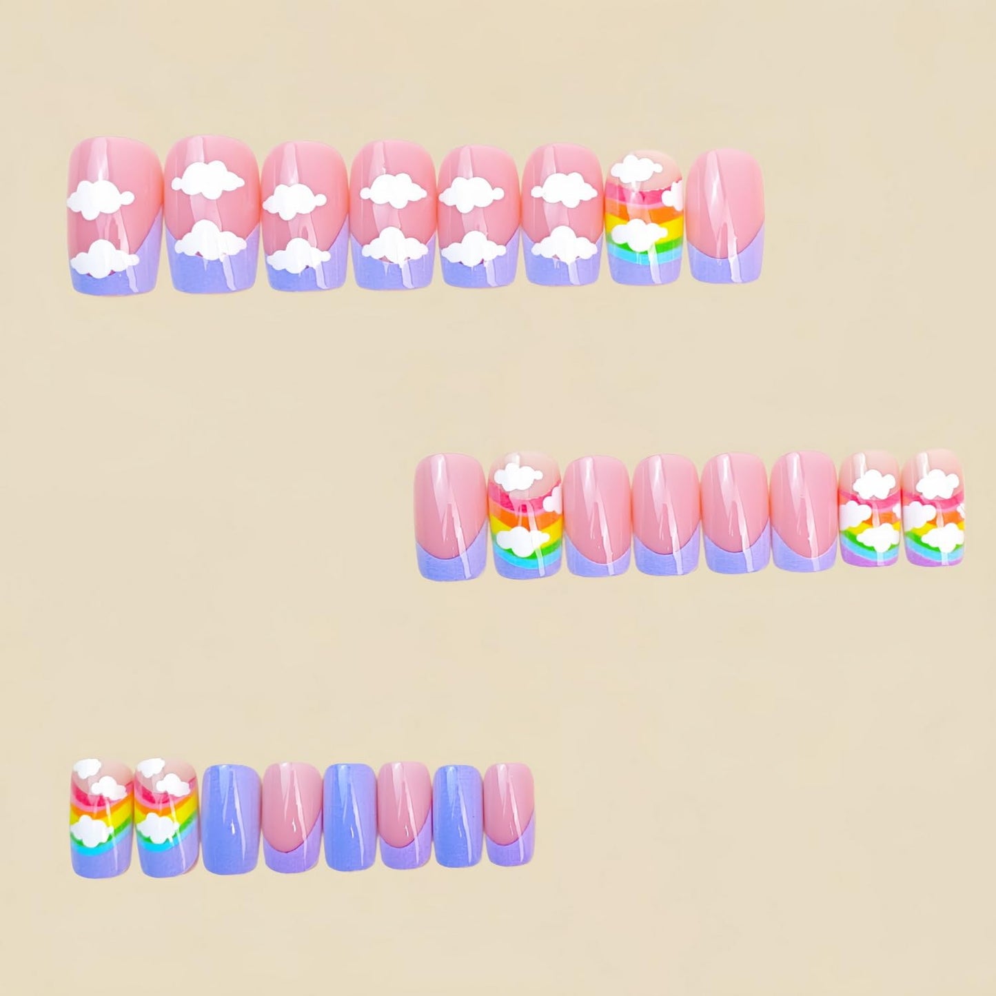 24pcs Colorful Press on Nail Medium Length Square Fake Nails Purple French Tip Press ones with Cloud Rainbow designs Stick on Nail Glossy Full Cover Cute Glue on Nails for Women Summer