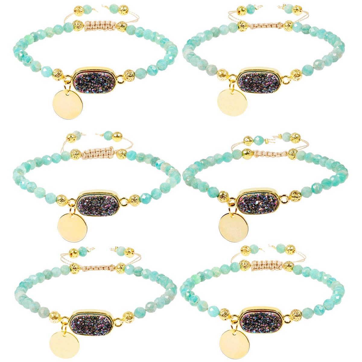 Nupuyai 4mm Faceted Stone Beads Bracelet for Women Men, Adjustable Healing Crystal Chakra Bracelet with Druzy Oval Charms, Amazonite