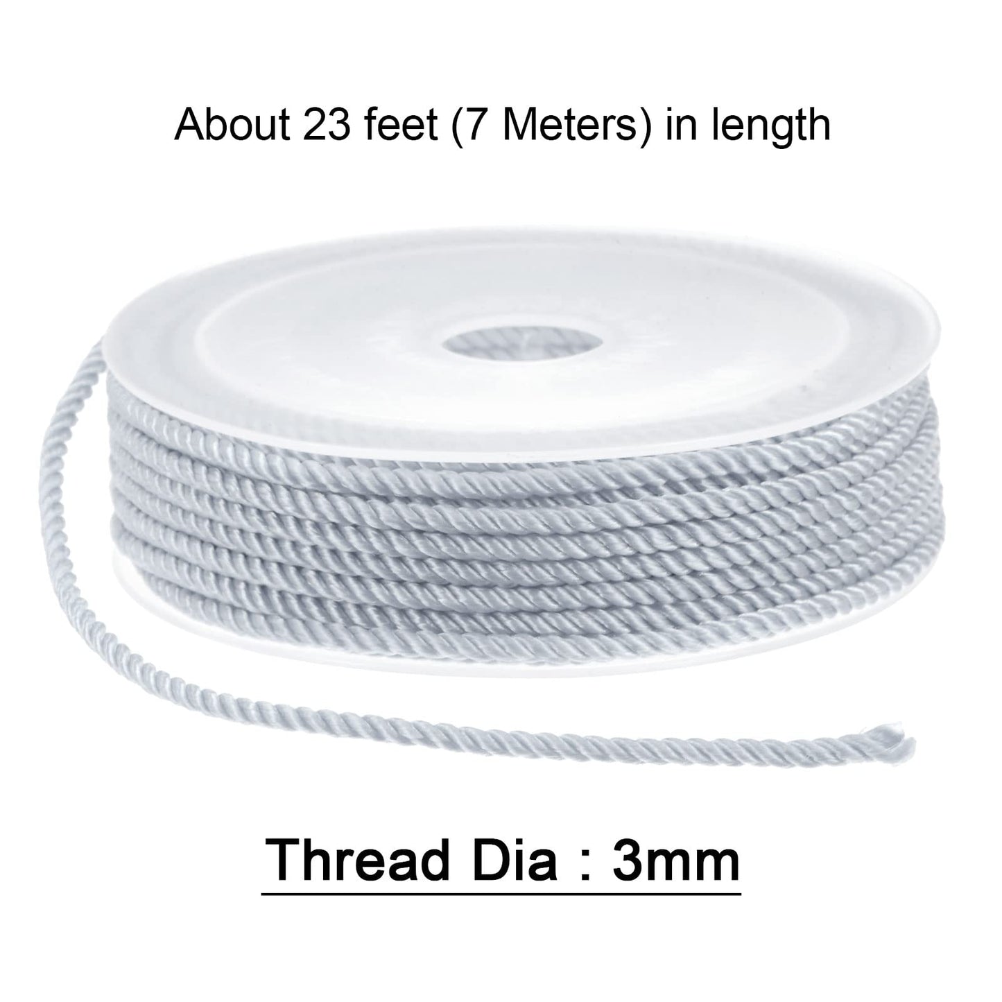 HARFINGTON Twisted Nylon Twine Thread Beading Cord 3mm 7M/23 Feet Extra-Strong Braided Nylon String for Crafting Bracelets Jewelry Making, Light Grey