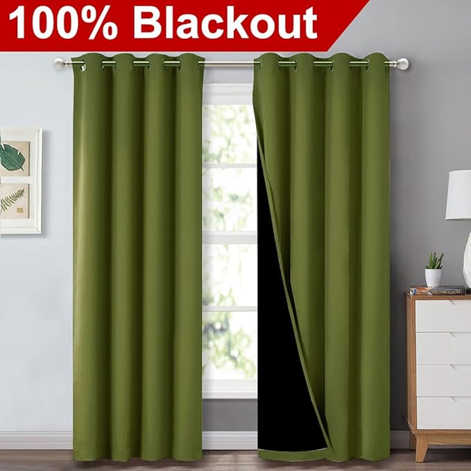 NICETOWN 100% Blackout Curtain Set, Thermal Insulated & Energy Efficiency Window Draperies for Guest Room, Full Shading Panels for Shift Worker and Light Sleepers, Olive Green, 52W x 84L, 2 PCs