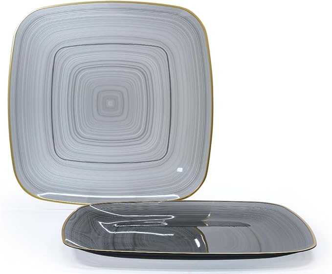 " OCCASIONS " 120 Pieces Pack,(60 Guests) Premium Wedding Party Disposable Plastic Plates Set -60 x 10'' Dinner + 60 x 7'' Salad/Dessert (Belize Square in Smoke Gray & Gold)