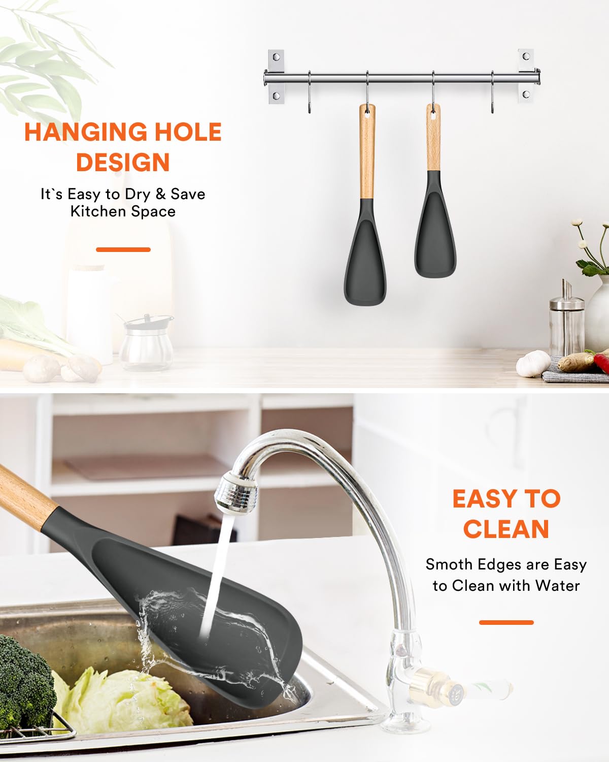 Multifunction Spoon for Nonstick Cookwares, Great for Cooking and Serving, Sturdy BPA-Free Matte Silicone, Wood Handle Spoonula for Mixing, Scoop, and Scrape, Grey(2 pack,11.4" & 13.4")