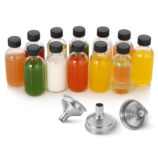 AOZITA 12 Pack, 2 oz Small Clear Glass Bottles w/Lid & 3 Funnels - 60ml Boston Shot Bottles for Health, Immunity, Potion, Wellness, Sample, Ginger, Juice - Mini Personal Care & Beauty Travel Bottle