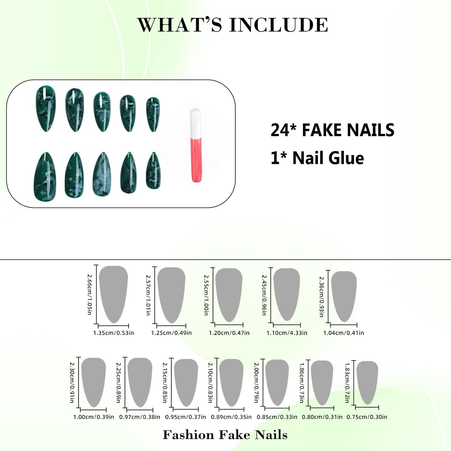 IMRAIN Press on Nails Medium Almond Fake Nails Green Ombre Marble False Nails Full Cover Glossy Artificial Reusable Acrylic Stick on Nails for Women Manicure Kit