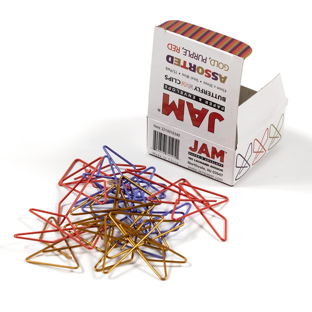 JAM PAPER Colorful Butterfly Clips - Assorted Paper Clamps - 15/Pack