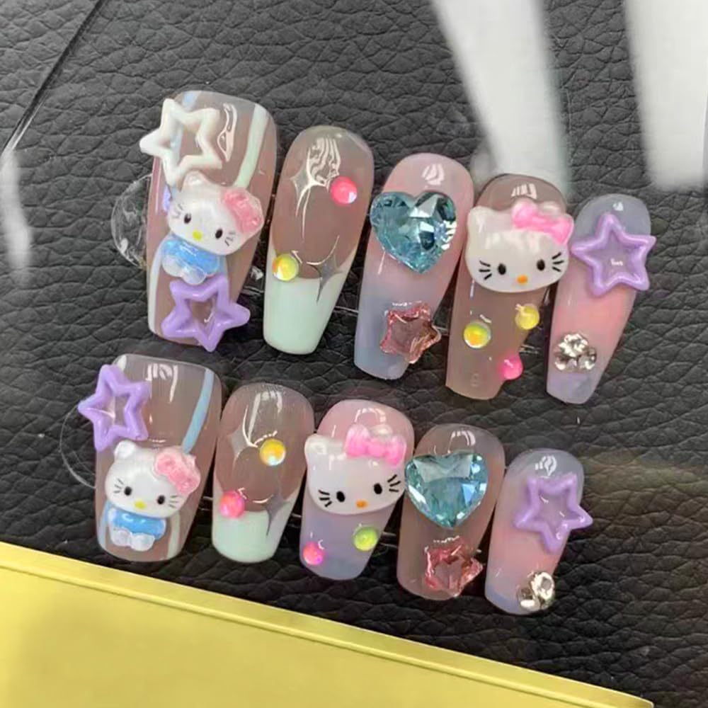 LIFOOST Press on Nails Handmade Fake Nails Medium Coffin Gel Finished False Nails Cute Kawaii Y2K 3D Cartoon Cat Design 10Pcs, Size Small