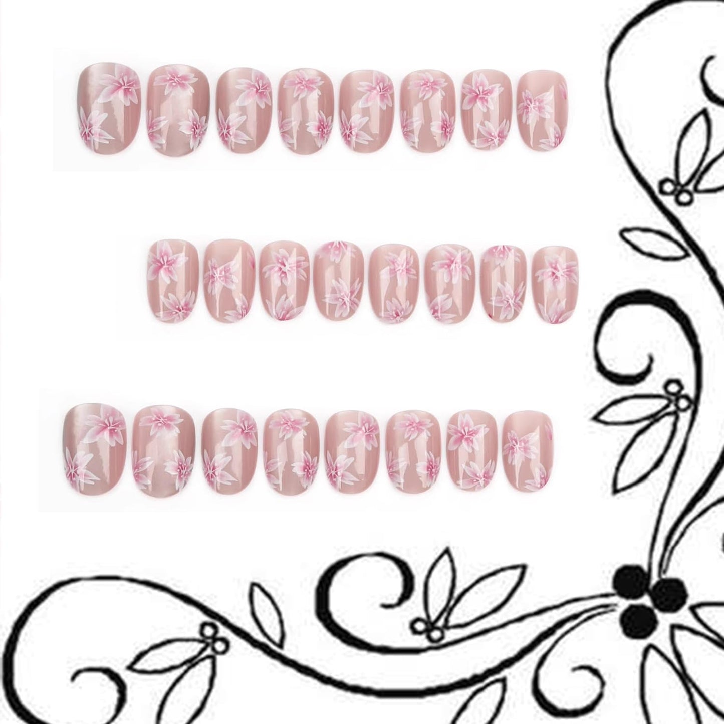 TBRZTR Flower Press on Nails Oval Shaped Medium Pink Floral Pattern Design False Nail Full Cover Glossy Artificial Stick on Nail Acrylic Press Ons Glue on Nails for Women 24Pcs