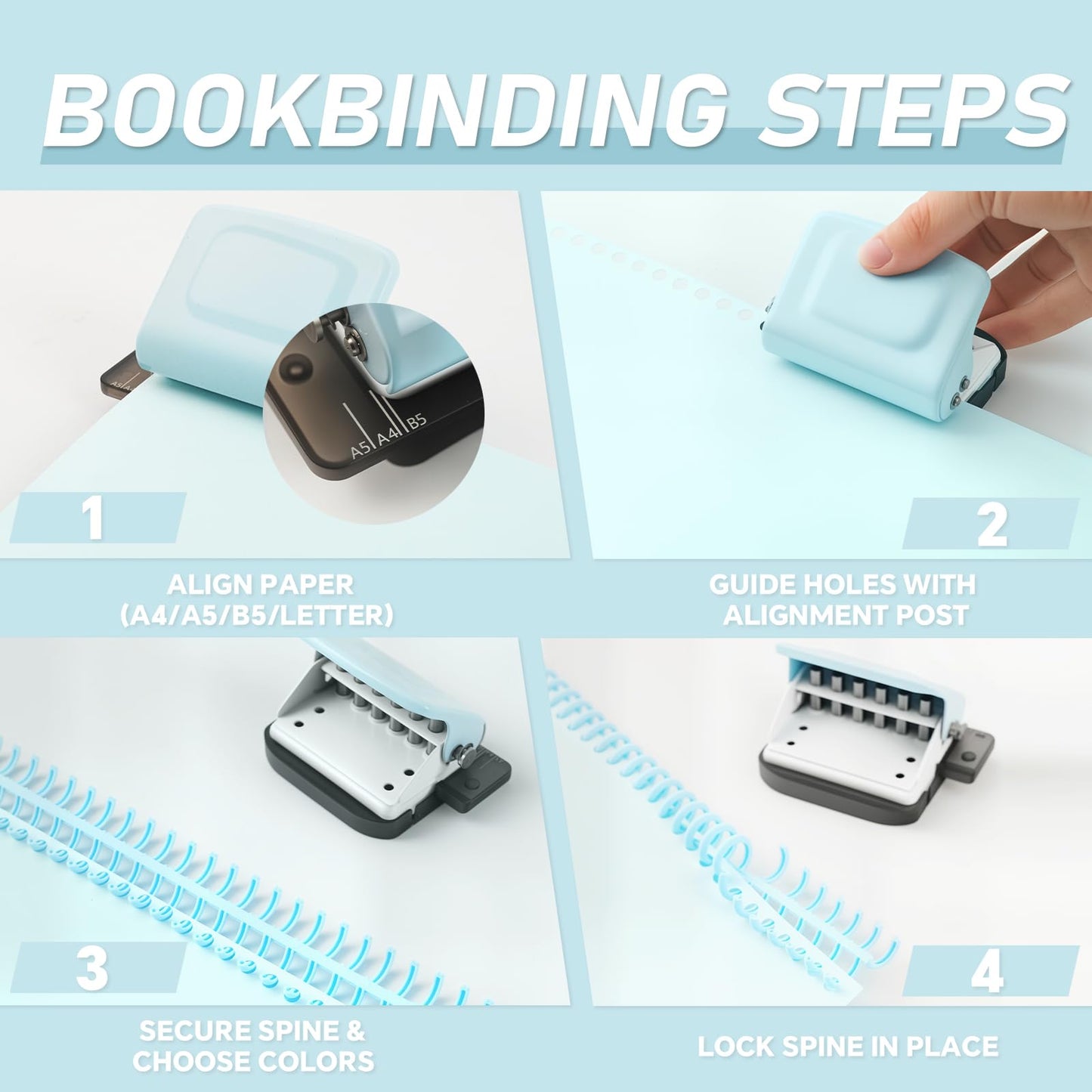 Spiral Binding Machine-Mini 6 Hole Puncher, DIY Creative Book Binder Machine for Planner, A4-30 Holes, A5-20 Holes, B5 26 Holes with 16 PCS 6-Hole Loose Leaf - Blue