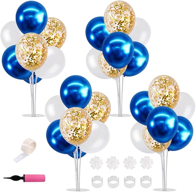 TONIFUL 4 Set White Blue Gold Balloon Centerpieces for Table,Balloon Bouquet Kit for Retirement,Baby Boy Baptism Party,Class of 2026 Graduation Decoration,Birthday Decorations