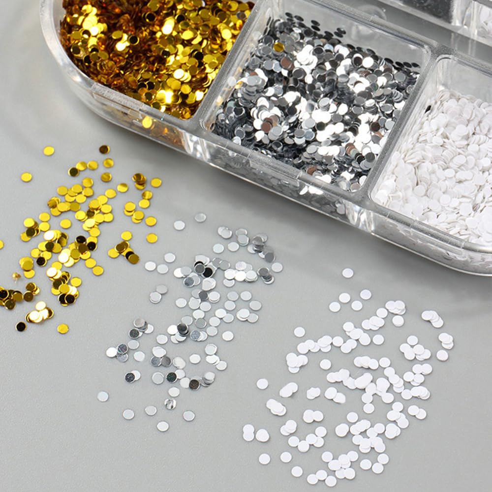 1 Box 6 Grids 3D Laser Mini Polka Dot Nail Sequins 1mm Tiny Dot Nail Glitter Flakes Black White Gold Silver Round Dots Paillettes Nails Charms Shiny Glitter for Nails Sequins for Crafts Manicure Decor