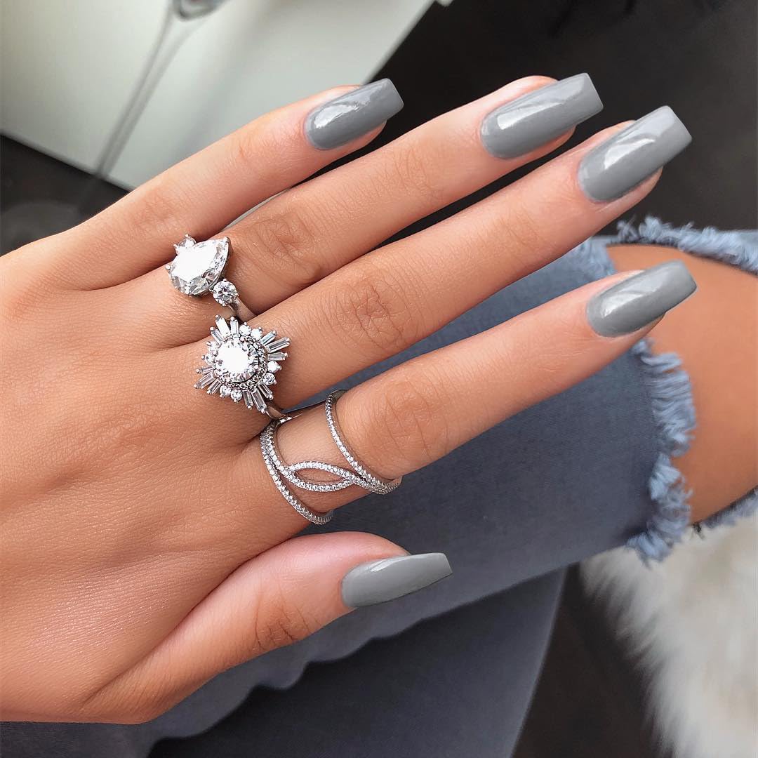KQueenest Gray Press on Nails Long Medium Square, Stone Grey Fake Nails Medium Coffin, Glossy Sheer Color Acrylic Nails Press ons, Reusable Soft Gel Glue on Nails for Women Fall Winter