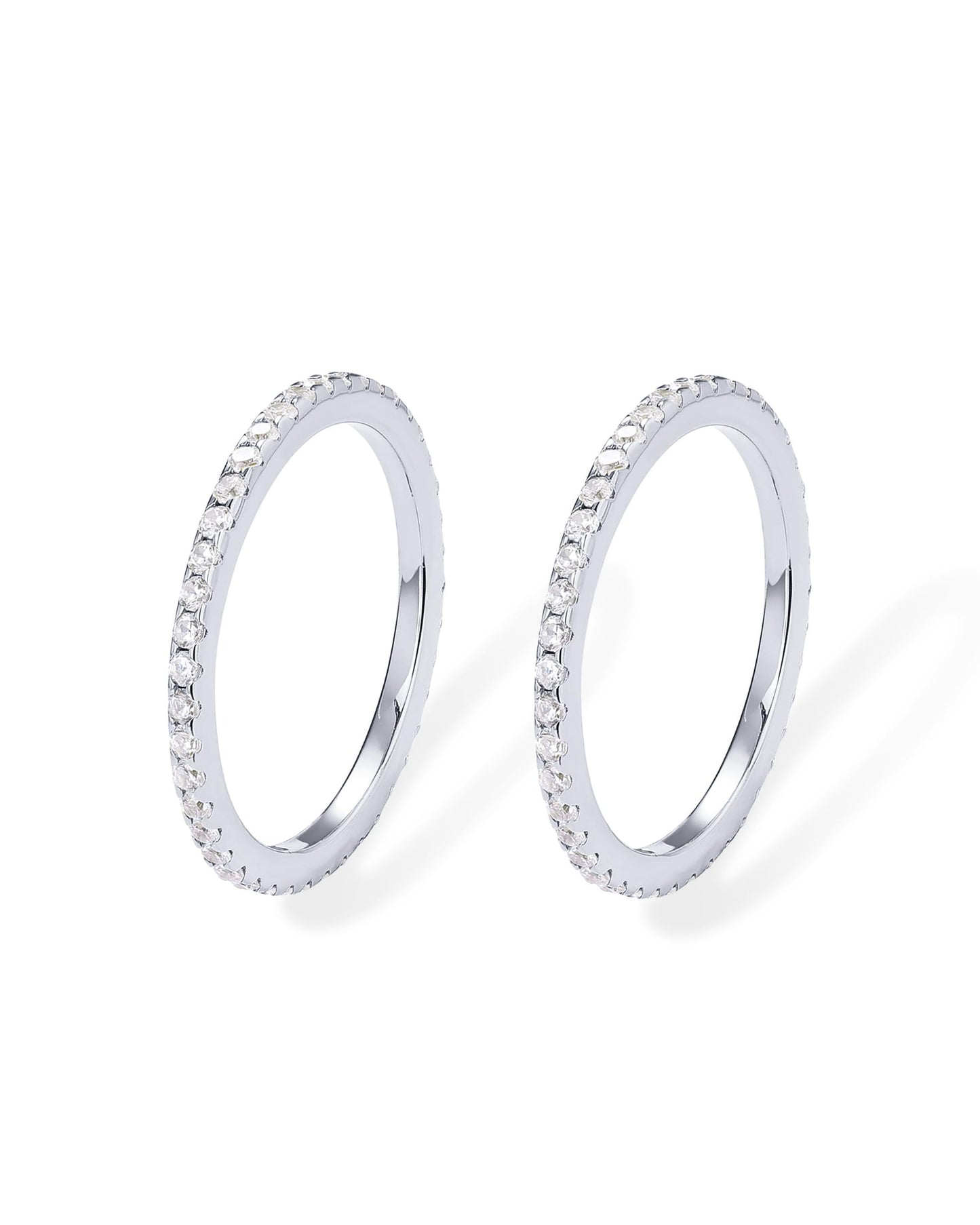 PAVOI Rhodium Plated 925 Sterling Silver Rings for Women | 2-Set Stackable Cubic Zirconia Rings Pack | Pair of Thin Bands for Stacking | Simulated Diamond Eternity Wedding Bands | Size 7
