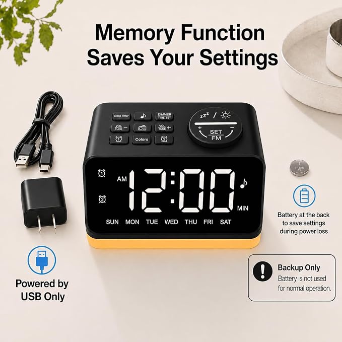 JALL Digital Alarm Clock with FM Radio for Bedroom, 8 Colors Night Light with 2 Charging Port, Sleep Sound Machines with Timer, Dual Alarm, Loud Alarm and Easy to Use for Seniors as Gift