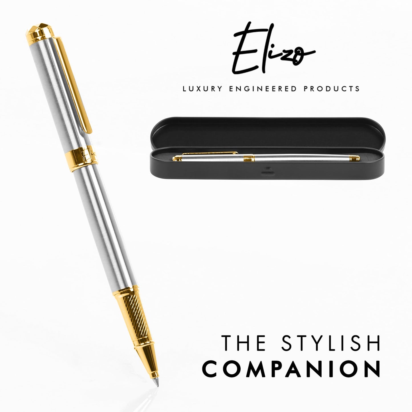ELIZO Leather Portfolio & Rollerball Pen Bundle – Professional Padfolio Organizer with Antique Letter Strap & 24K Gold Trim Executive Pen, Schmidt Ink Business Writing Set